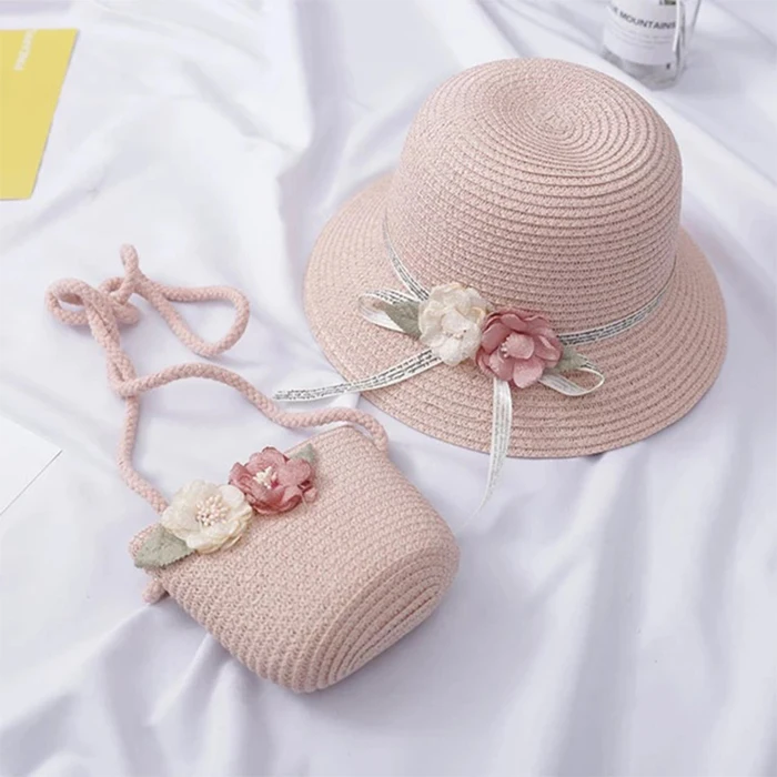 

Korean Big Children's Hat and Bag Set Summer Straw Bags for Baby Girls Cute Fisherman Hats with Flowers, 5 colors