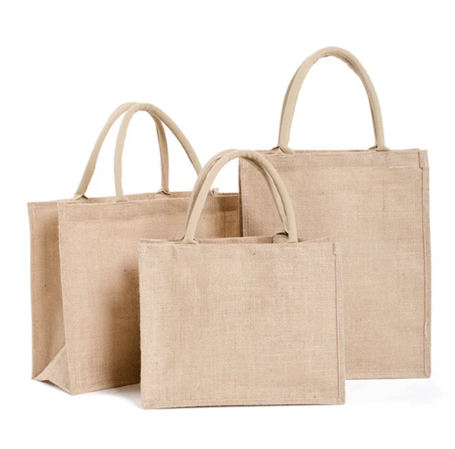 

Good Quality Simple Casual Waterproof Linen Bag Ladies Girls Jute Large Shopping Bag Women Tote Handbag With Pu Handle
