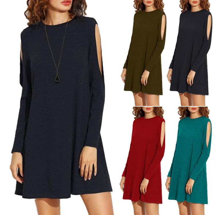 Hot Sell Short Skirt Solid Off Shoulder Long Sleeve Casual T Shirt Dress
