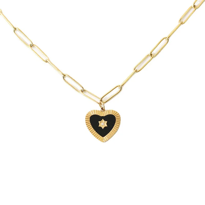 

18K Gold Plated Stainless Steel Enamel Black Necklace With Clip Chain