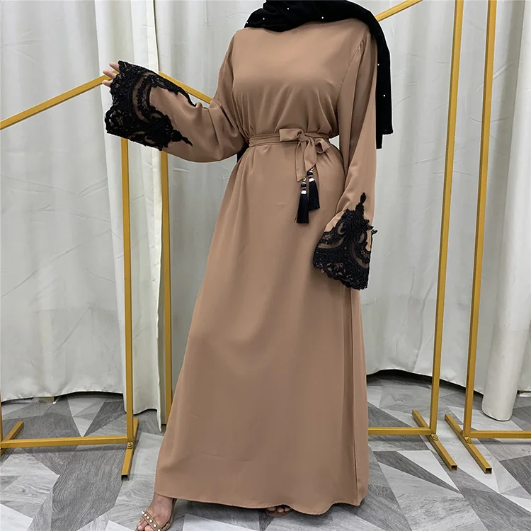 

Modest Abaya EID High Quality Nida Embroidery Sleeve Free Belt Muslim Ramadan Islamic Clothing Maxi Dress Dubai Abaya, 5 colors in stock