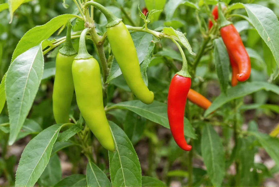 Chili pepper plants growing in a garden with various stages of ripeness from green to red