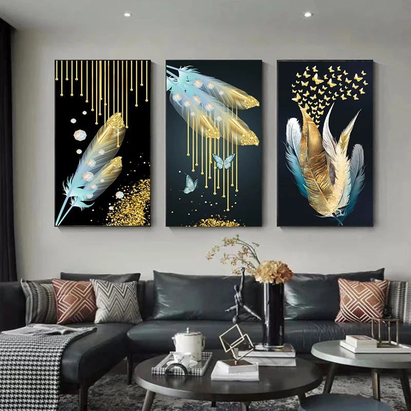 

6 Abstract Luxury Feather With butterfly Gloden Landscape Wall Art Pictures And Canvas Painting For Home Decor Cuadros