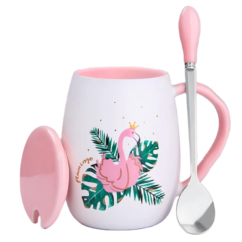 

High quality flamingos milk tea porcelain coffee ceramic cup mug with lid