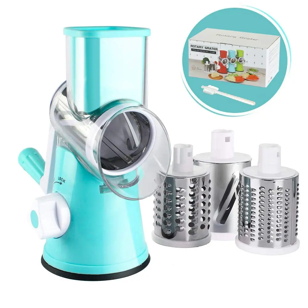 

3 in 1 Manual Rotary Round Cheese Nuts Grater Vegetable Shredder Walnuts Chopper Onion Potato Cutter Mandoline Slicer Grinder, Blue,green,red