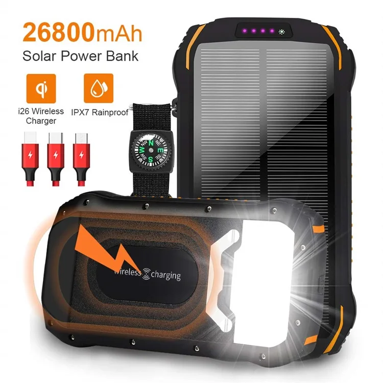 

Trending Type C Input Huge Capacity Phone Charger External Backup Battery Portable 5W Qi Wireless Solar Power Bank