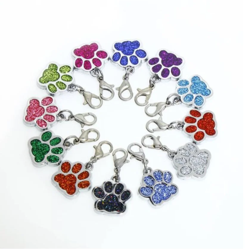 

Wholesale Dog Cat Paw Charms For Jewelry Making Glitter Pendant Hang Charm With Lobster Clasp Keychain Pet Collar Accessories