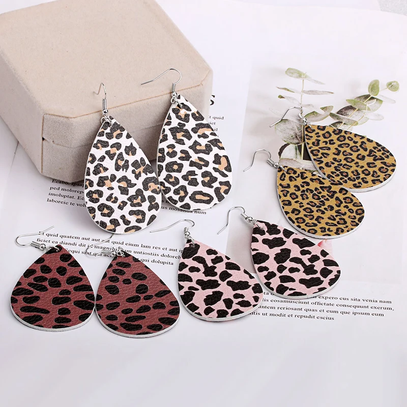 

Cute light weight Lychee leopard print embossed PU leather earrings unique waterdrop teardrop dangle drop earrings for women