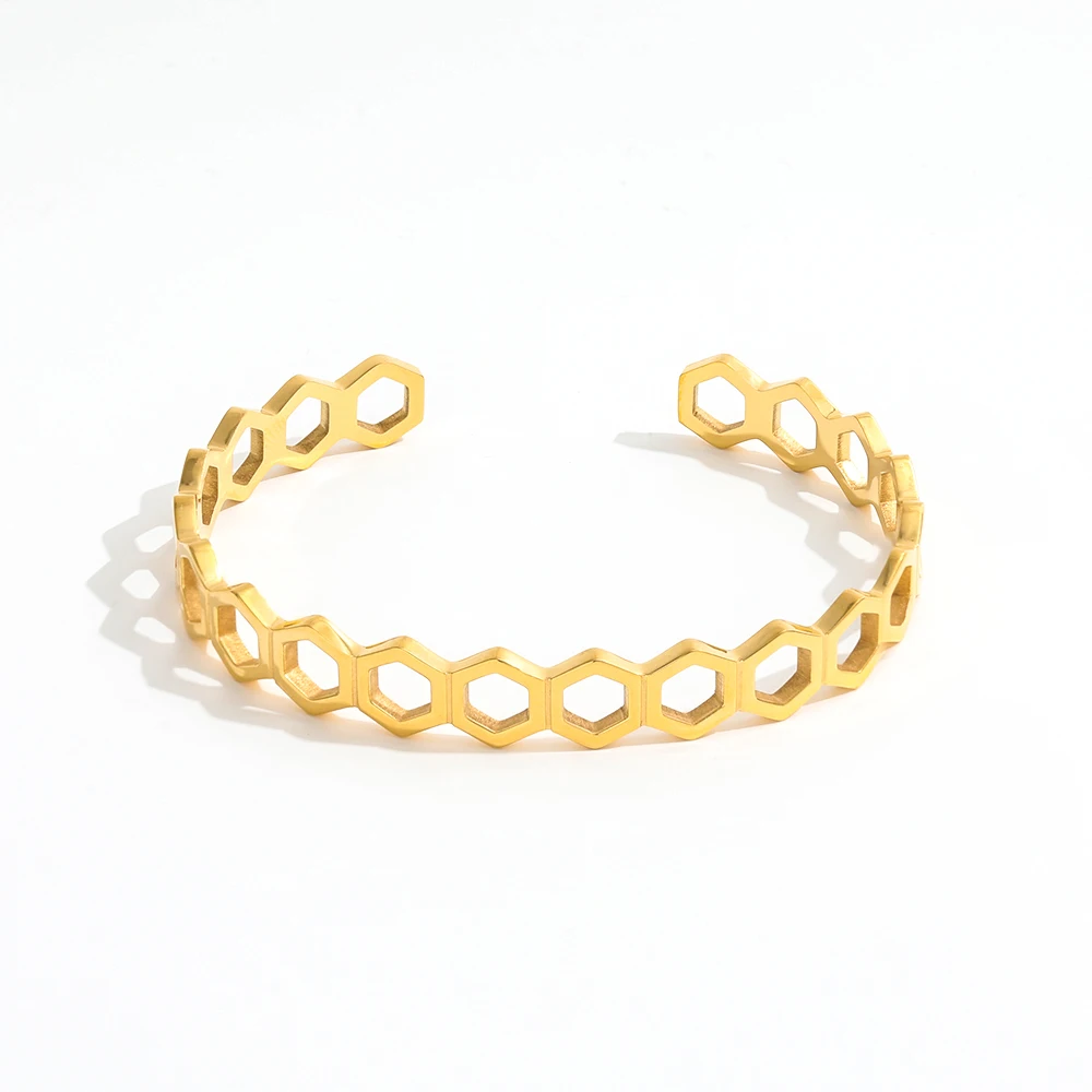 High End 18K Gold Plated Honeycomb Adjustable Hollow Cuff  Stainless Steel Bracelet for Women