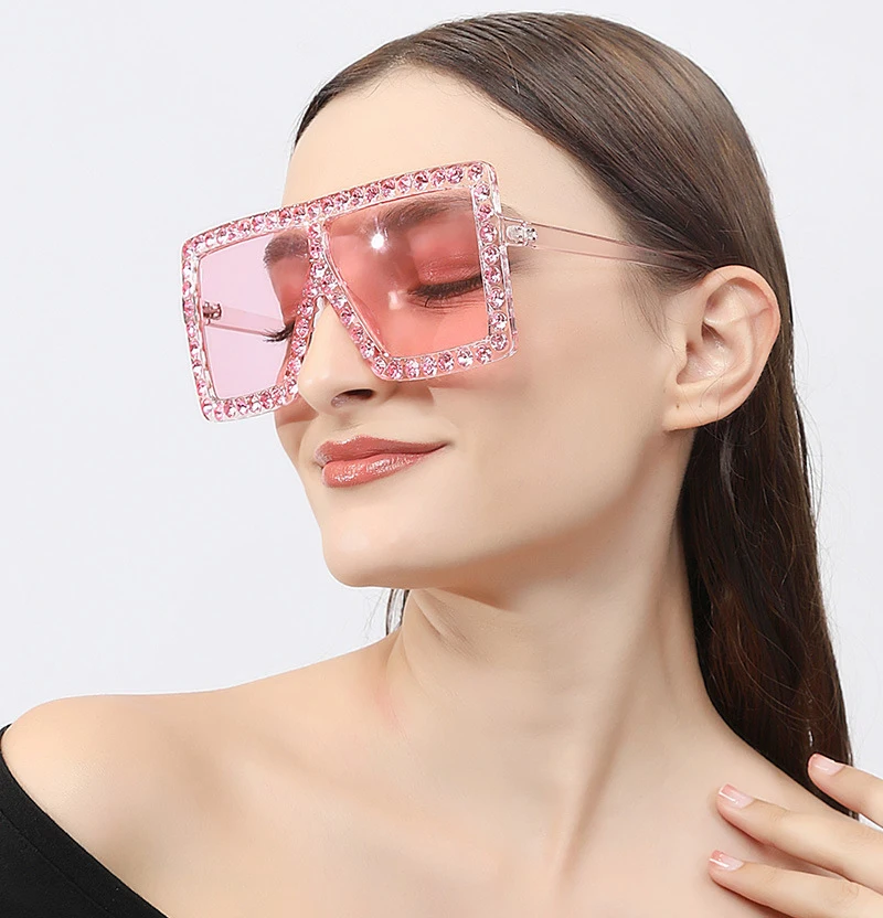 

HBK GIRL Luxury Square Big Frame Sunglasses Women Vintage Oversized Diamond Decoration Sun Glasses UV400 K30046