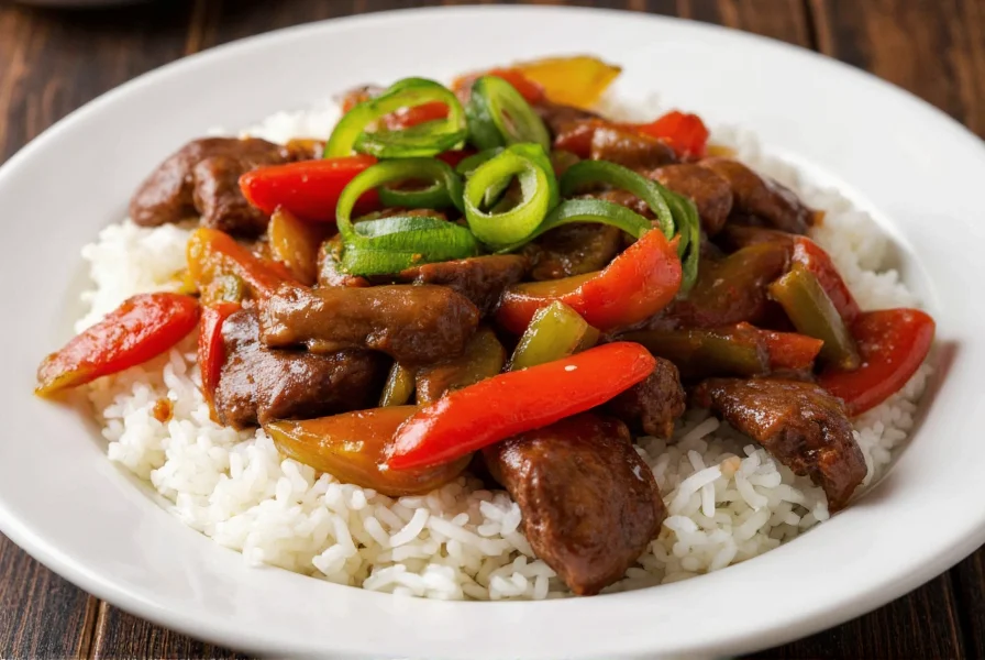Chinese pepper steak served over steamed white rice with garnish of sliced green onions, showing vibrant colors of bell peppers and glossy sauce