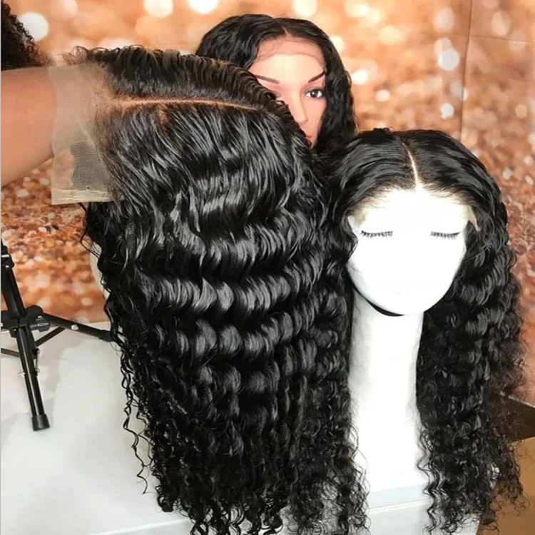 

5x5 Lace Closure Human Hair Wig Unit 100% Human Hair Lace Wigs Deep Curly 180% 210% Density Natural Black Color