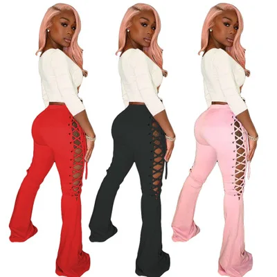 

2021 fashion woman Solid Lace sexy high Waist stacked pants leggings flare pants sweatpants woman