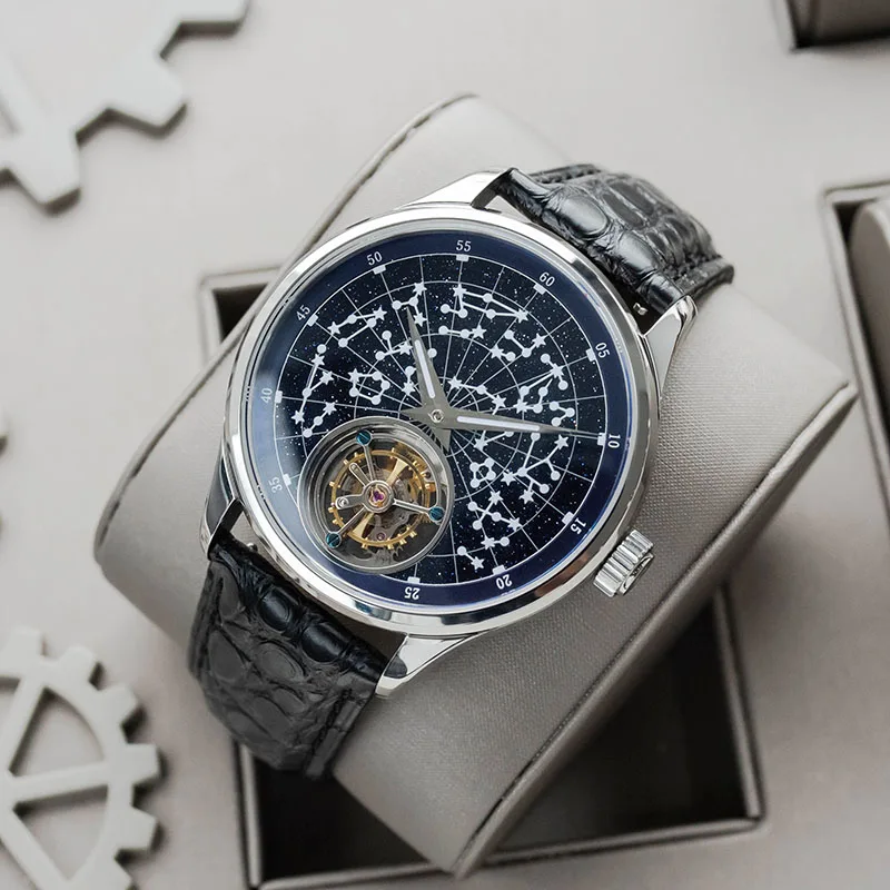 

free ship luxury seagull tourbillon ST8230 hand winding mechanical Blue sandstone constellatory Starry sky dial watch for sale