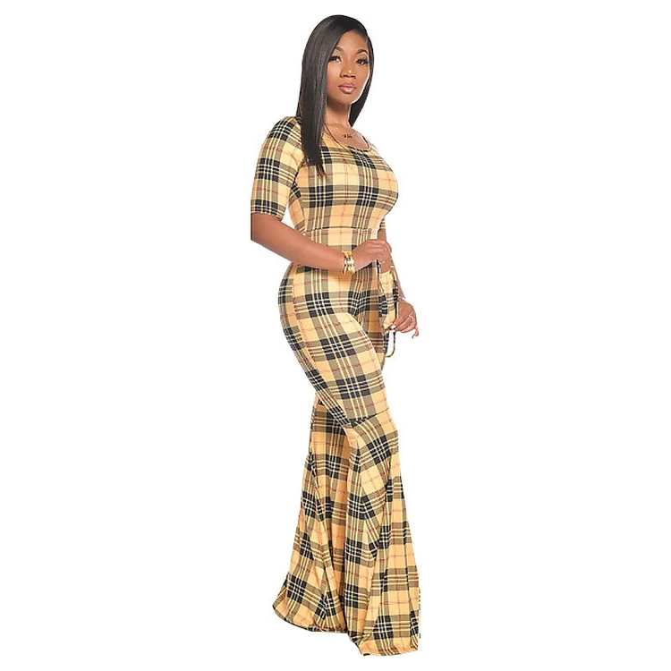 

Tight Middle Sleeve Plaid Print Flared Wide-leg Pants High Waist Lifter Hip Striped Print Ladies Jumpsuit, Red, khaki, green, black, pink,yellow, white, blue, gray, skin, coffee