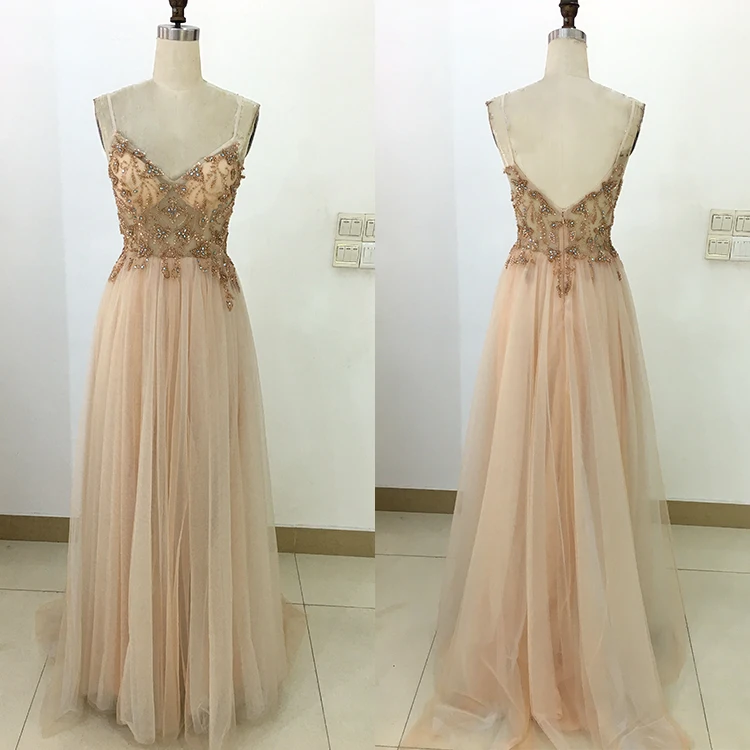 

2020 new design v neck high split tulle heavy beaded sequined tulle prom dress