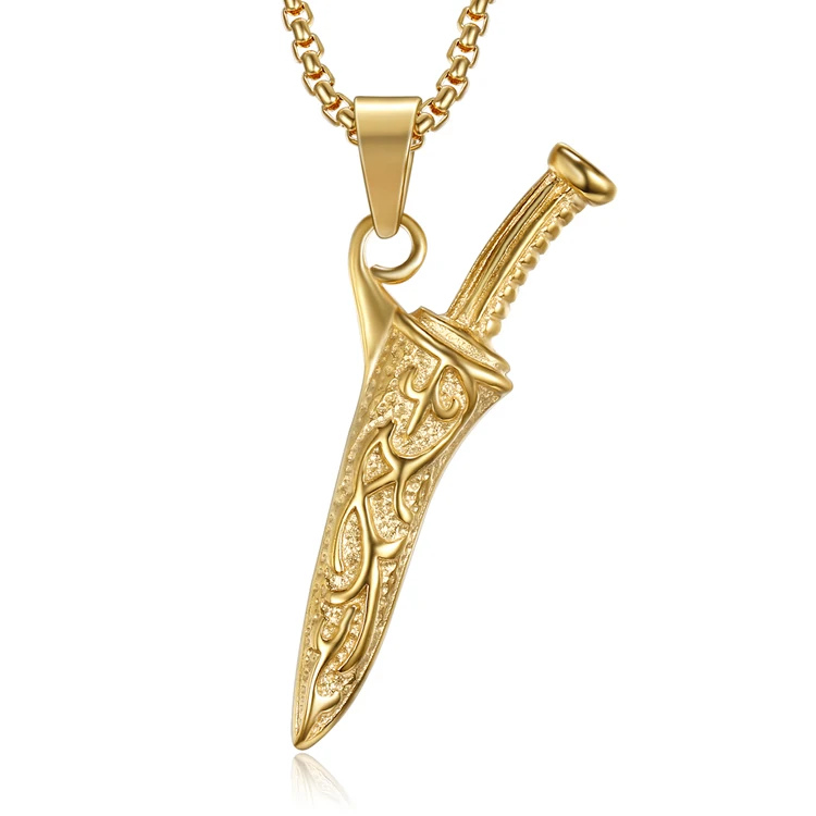 

hips hops Gold Jewelry Stainless Steel Gold Men Knife Dagger Pendant Necklace Military Survival Weapons Jewelry with rolo chain