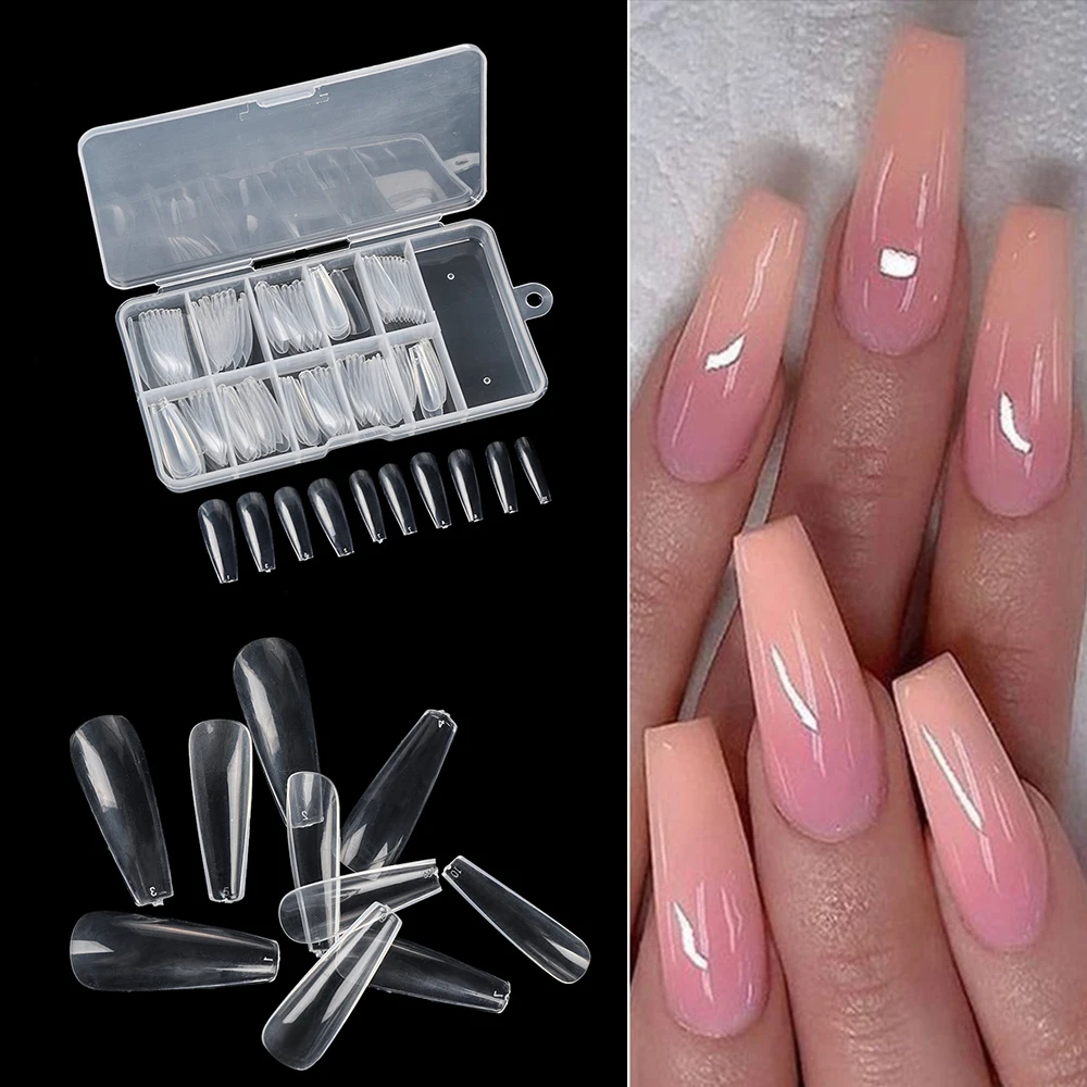 

100 Pcs/Box UV Gel Full Cover Acrylic Clear White Natural False Nail Ballerina Coffin Nail Tips, Picture