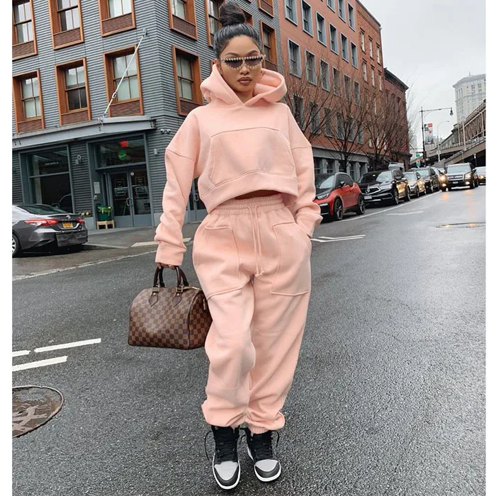 

2021 new arrival fashion plain sweatshirt tracksuit set sexy crop top hoodie two piece pants set plus size women clothing, As show