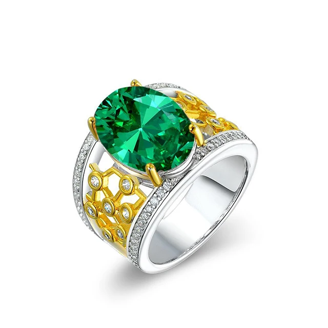 

100% 925 Sterling Silver Oval Cut Emerald Gemstone Ring Luxury White Yellow Gold Color Fine Jewelry