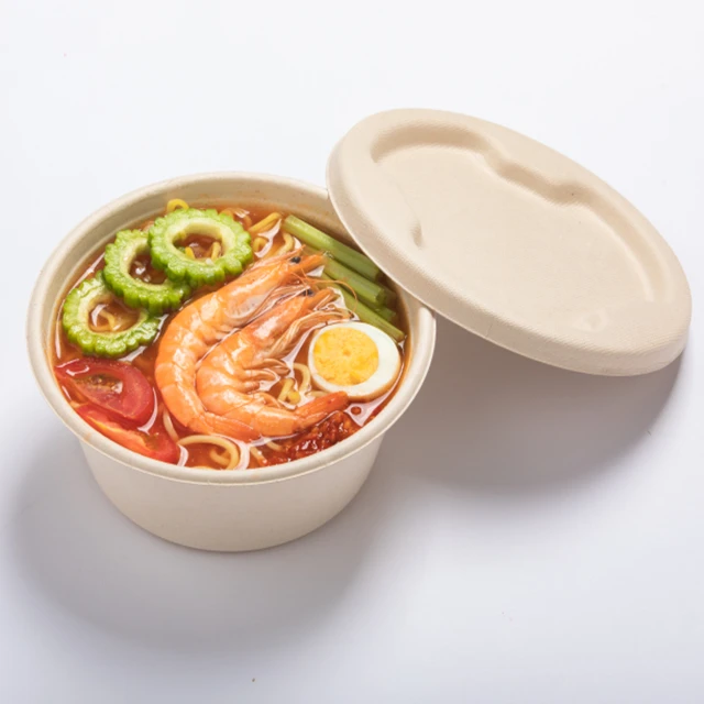 

Biodegradable 1000ml Disposable Hot Noodle Bowl With Lid Sugarcane Bagasse Food Container Bowl