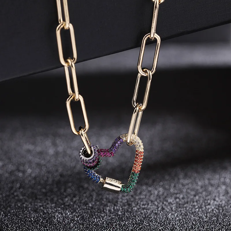 

Fashion hot sale popular love rainbow color bracelet necklace set copper micro inlaid zircon necklace versatile accessories, Multicolor