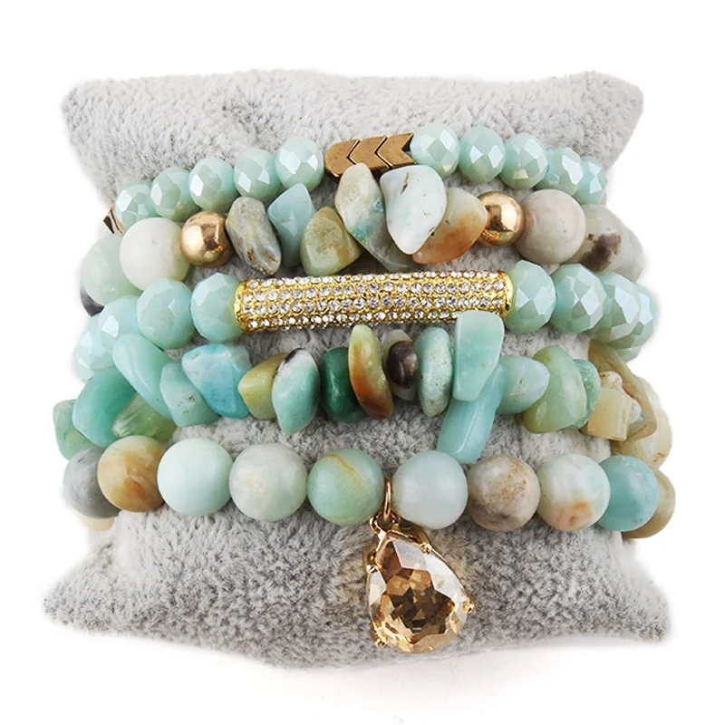 

Pearl Turquoise Blue Chip Stone Alloy Nail bangle Natural Stone Crystal Glass Beads Bracelet Stretch Elastic Stack Bracelets Set, Mix