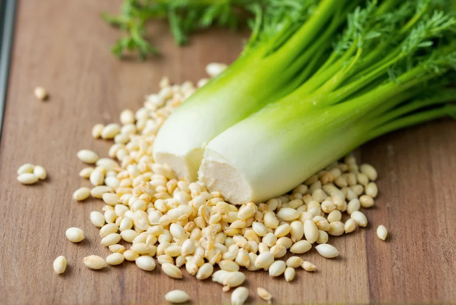 Close-up of fennel seeds and fresh fennel plant on wooden table