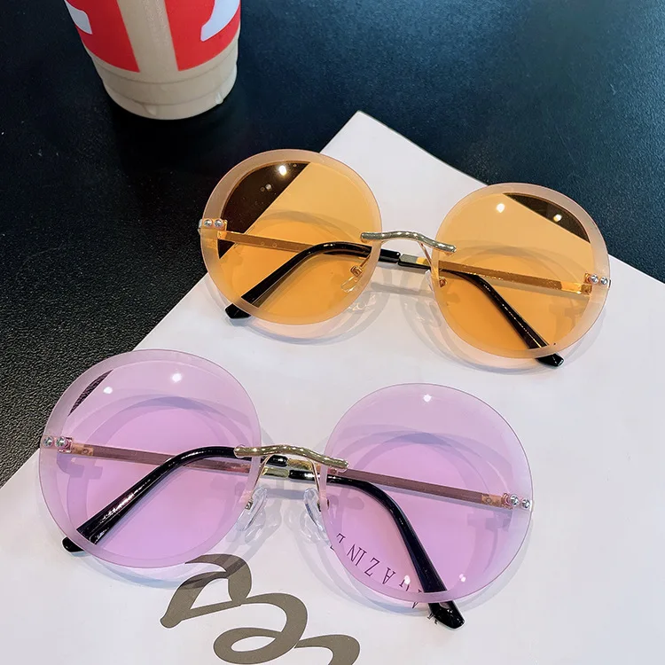 

2021 New trend fashion big frame ocean lens frameless sunglasses round rimless women sunglasses, Mix color or custom colors