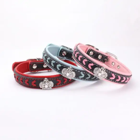 

2021 New Design Diamond Crown Hand Knitting Soft Genuine Leather Pet Dog Collars Leashes