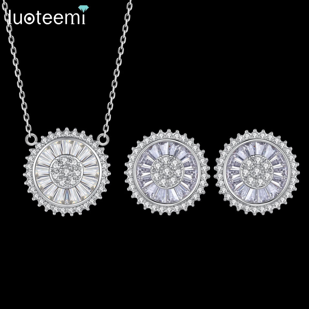

LUOTEEMI Necklace Earring Lady Rhodium Plated Round Shape Sunflower Accessory Delicate CZ Zircon Woman Jewelry Set