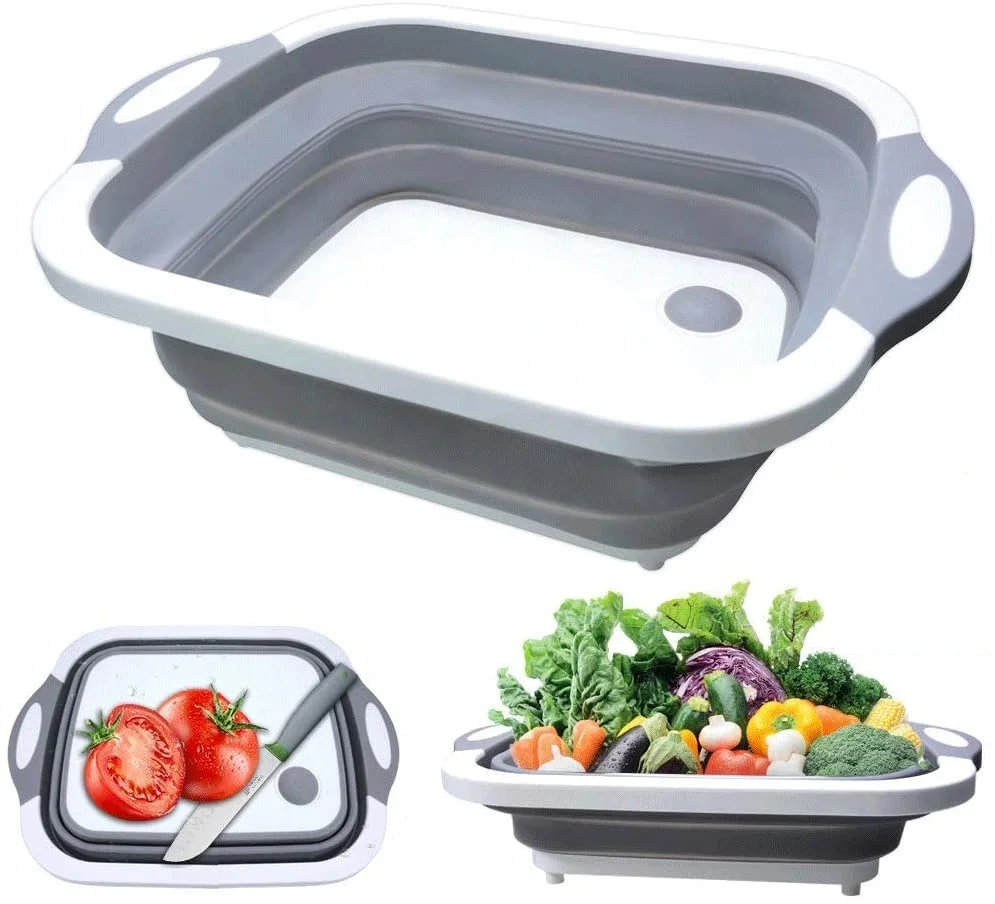 

Multi-Function 3 In 1 Cutting Board Kitchen Foldable Drain Basket Washbasin Chopping Blocks Travel Basins, Gray