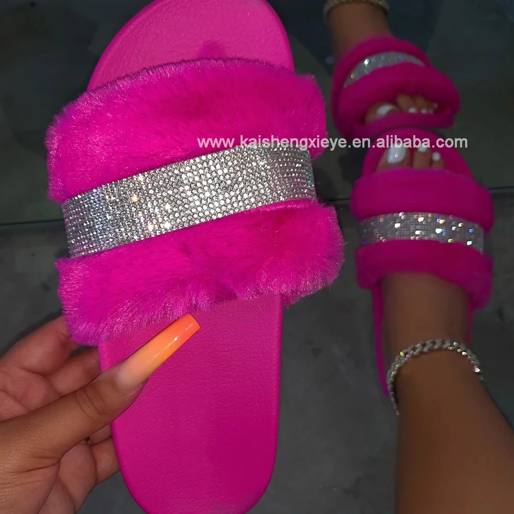 

Plush Fur Women's Slides Slippers Diamonds Ins Amazon Fashion Sandals for Women Fluffy Furry Outdoor Flat Slipper Sandal Ladies