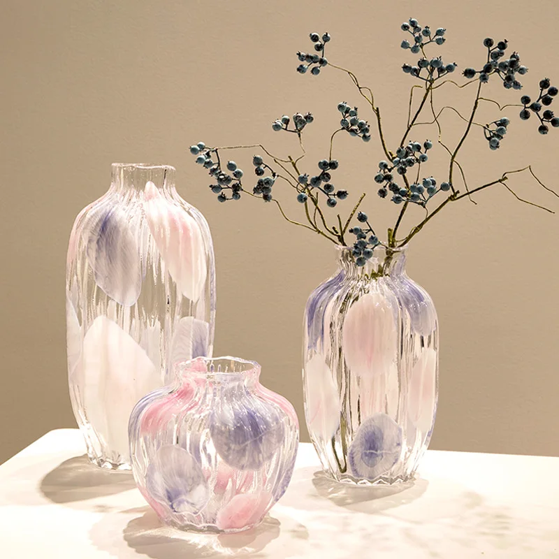 Large Luxury Nordic Pink Blue Purple Polka Dot Striped Handmade Glass Flower Vessel Coastal Tabletop Vase Decorative Ornament