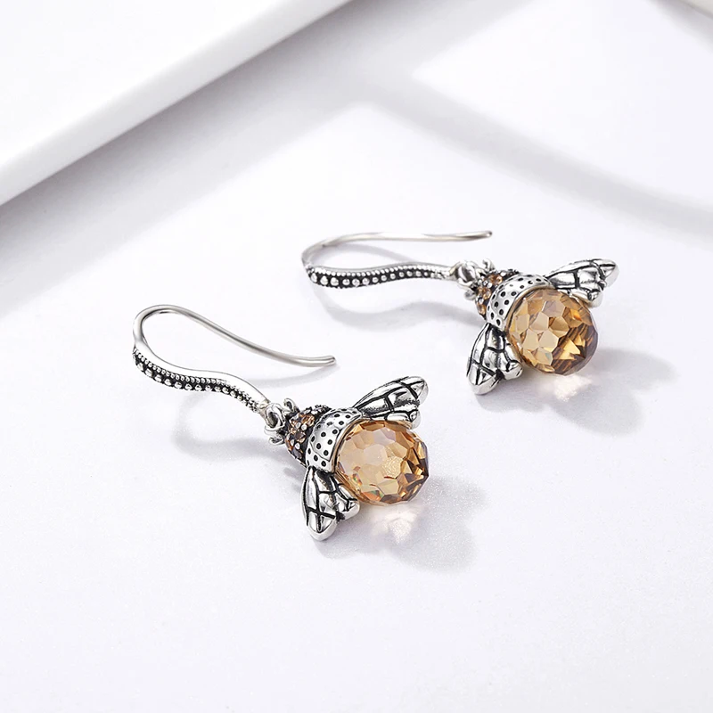 

Fashion bee insect shape gemstone silver 925 jewelry 925 sterling silver hook earrings for ladies
