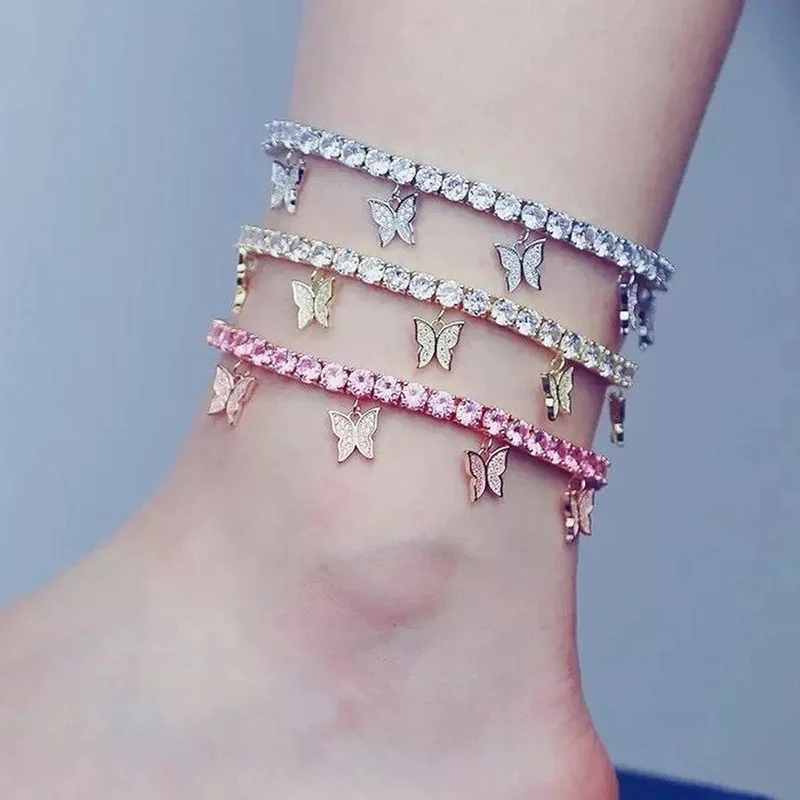

New Style Fashion Statement Pink Diamond Crystal Charm Jewelry Butterfly Cuban Anklet