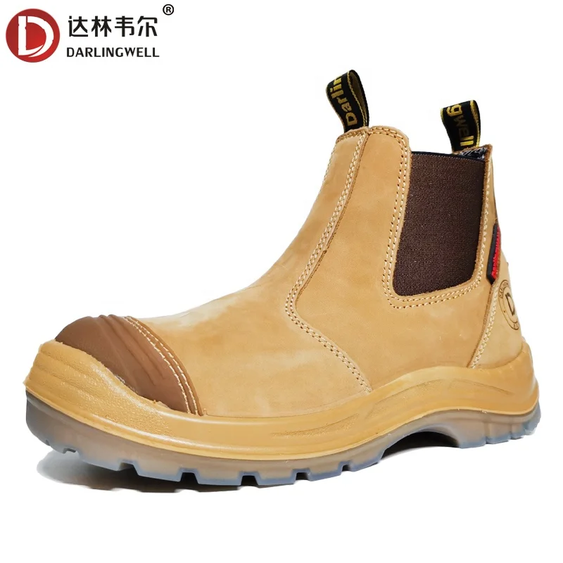 

Darlingwell High quality brown leather no lace work boots slip on safety boots with side elastic Constructuin safety shoes