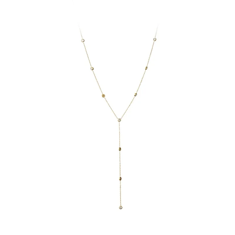 

Hot Selling Gold Plated Stainless Steel Long Multi Zircon Inlaid Tassel Y Shaped Necklace