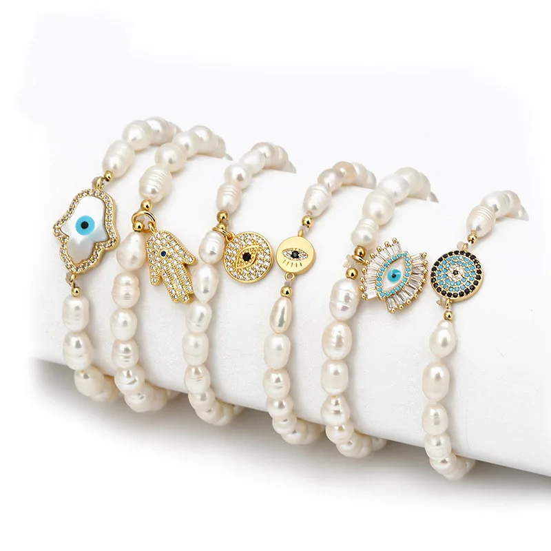 

Baroque Freshwater Pearl Beads Bracelet Gold Plating Full Zirconia Hand Eyes Pearl Bracelet, White