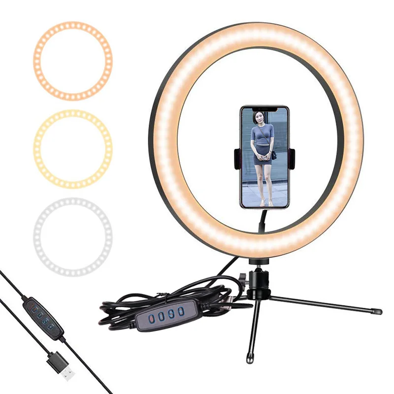 

Live Video Makeup 10 inch Selfie Ring light 3 Modes Cell Phone Led Lamp Fill Ring Light with Tripod Stand and Phone Holder, Black