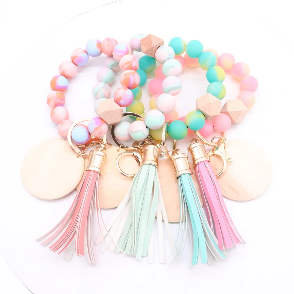 

Wholesale 2022 Factory New Style Colorful Silicone Beads Leather Tassel Keychain