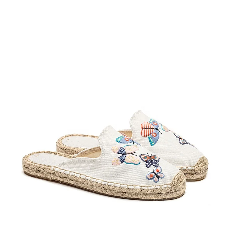 

Best Quality Summer Slippers Hand Embroidery Shoes Cotton Linen Personalized Latest Canvas Shoes Flats Women Espadrilles, White or black