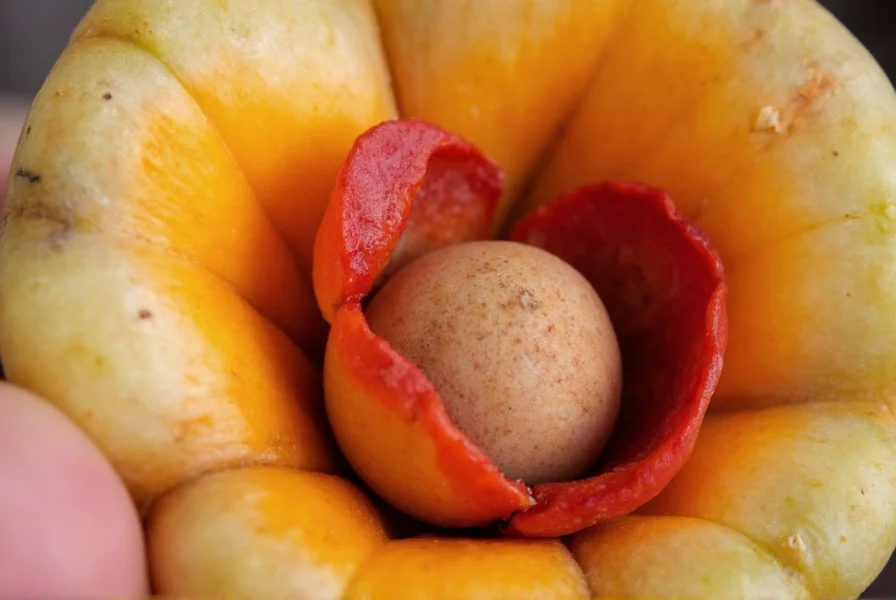 Close-up view of Myristica fragrans fruit splitting open to reveal nutmeg seed surrounded by red aril