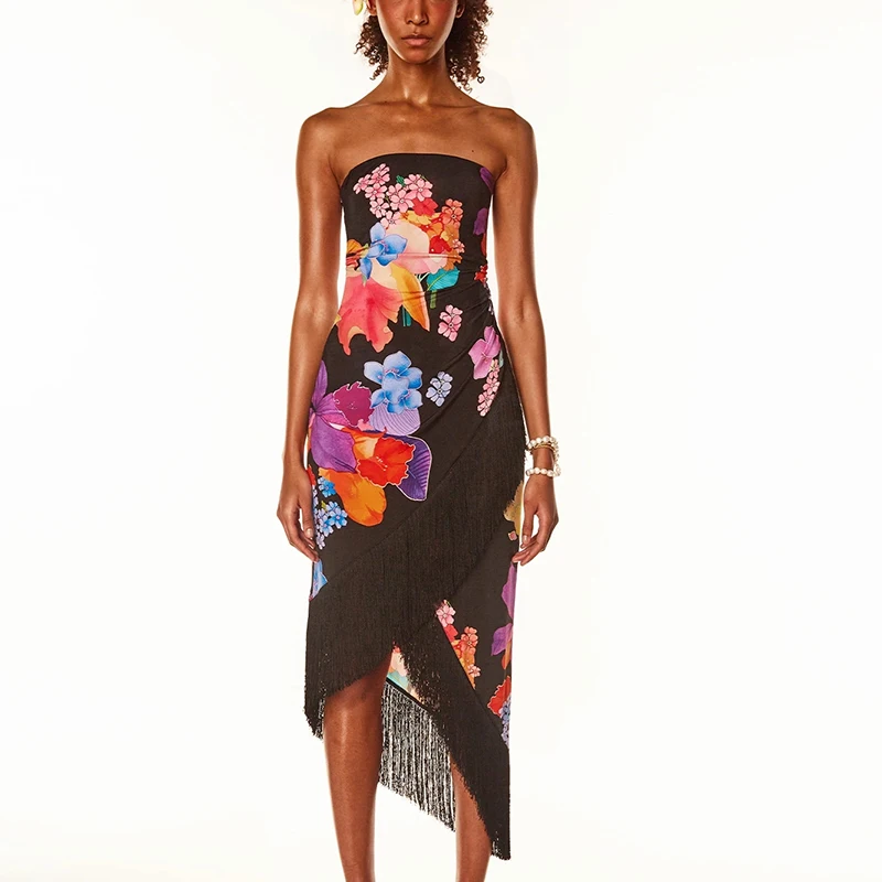 

sexy casual print bodycon split tassel midi strapless tube dress