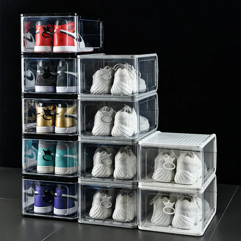 

Hot Selling Basketball AJ Shoes Box Folding Custom Shoe Storage Boxes, Clear Stackable Acrylic Shoes Plastic Storage Box, White black or customized