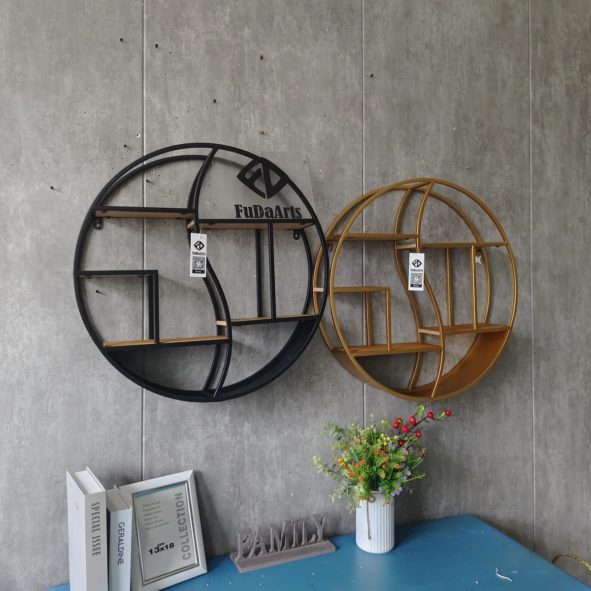 60cm Metal Wall Mounted ROUND House Shape Floating Shelves with Wood Partition Storage Rack Shelf Living Room Home Decor DDP