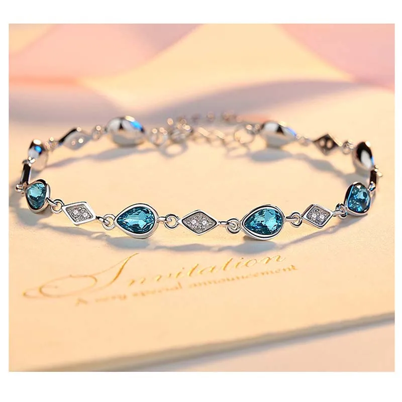 

Hot Sale Fashion 925 Sterling Silver Austrian Blue Crystal Water Drop Bracelet Jewelry Women For Wholesale Top Quality Jewelry, Customize
