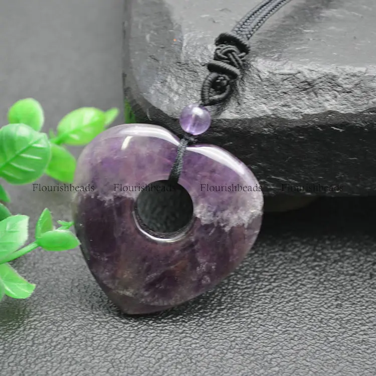 

Heart and Round Donut Shape Natural Amethyst Stone Pendant Black Cord Necklace Crystal Healing Energy Jewelry