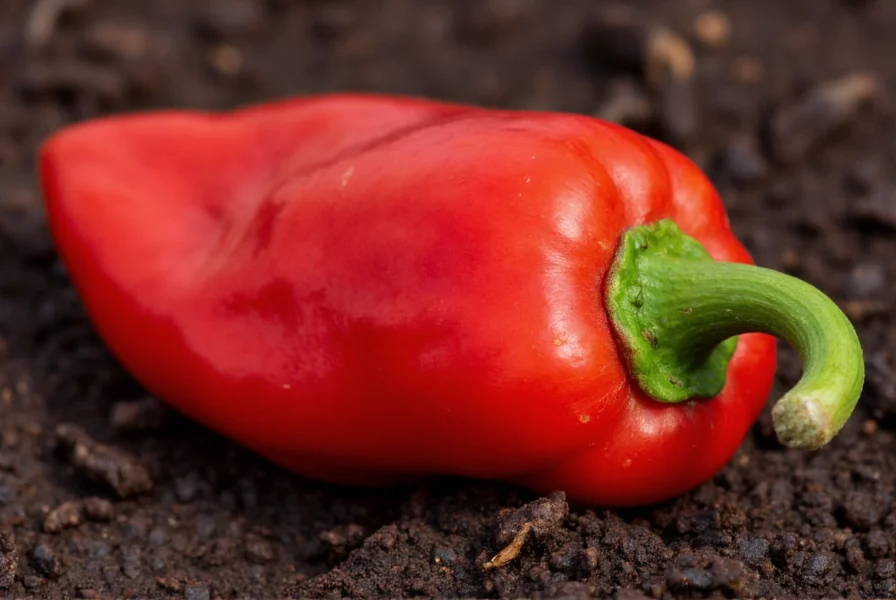 Close-up photograph of a mature Carolina Reaper chili pepper showing its distinctive red color, bumpy texture, and stinger-like tail against dark soil