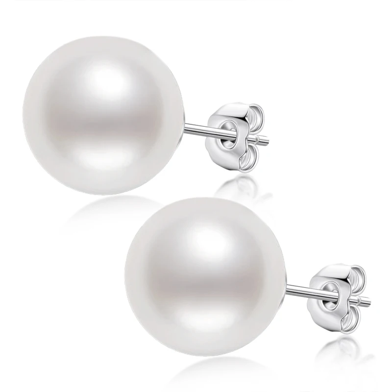 

925 Sterling Silver 11mm Near Round Natural Freshwater White Pearl Stud Earrings for Women Anniversary Birthday Jewelry Gifts